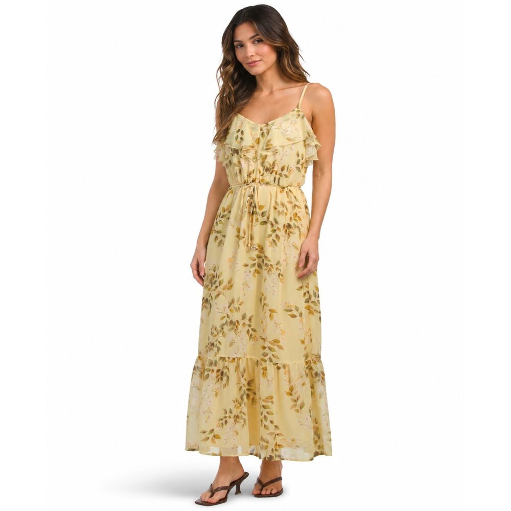 NICOLE‎ MILLER NEW YORK Womens New Maxi Dress LARGE Floral Ruffle Tie Waist